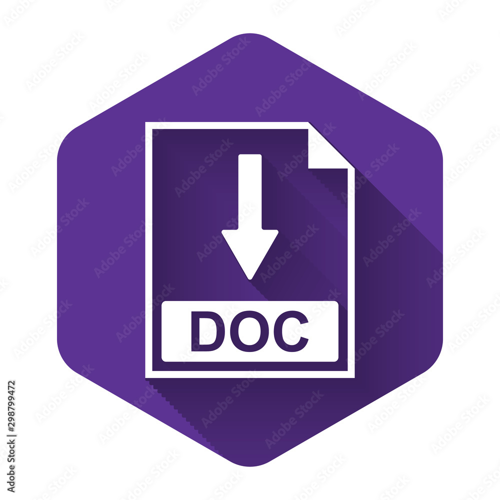 Poster white doc file document icon. download doc button icon isolated with long shadow. purple hexagon but