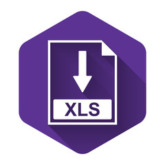 White XLS file document icon. Download XLS button icon isolated with long shadow. Purple hexagon button. Vector Illustration