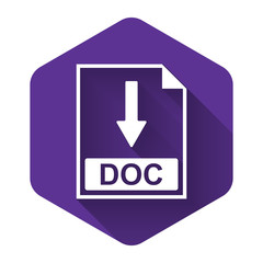 White DOC file document icon. Download DOC button icon isolated with long shadow. Purple hexagon button. Vector Illustration