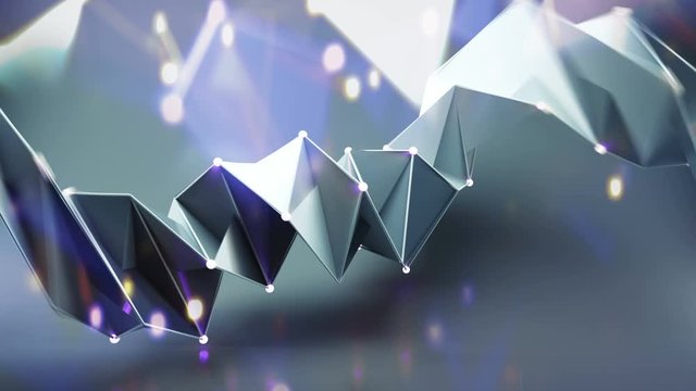 Polygonal twisted shape with glowing spheres. Abstract geometric form. Seamless loop 3D render animation