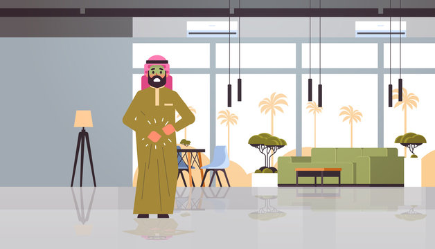 sad arab man with pale face vomit nausea stomach ache food or alcohol poisoning digestive problem concept arabian character feeling sick modern restaurant interior flat full length horizontal vector