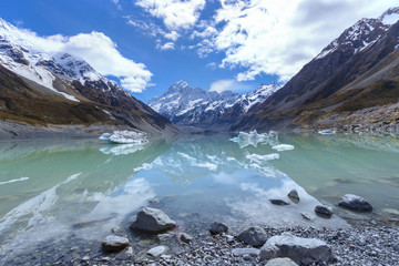 Mount Cook reflection in turquoise glacial lake Hooker, New Zealand