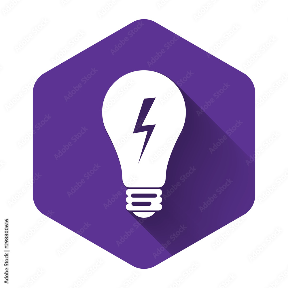 Poster white light lamp sign. bulb with lightning symbol icon isolated with long shadow. idea symbol. purpl