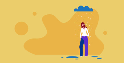 sad depressed businesswoman standing under rain cloud big problem failure concept sketch full length horizontal vector illustration