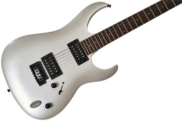 Fototapeta na wymiar Closeup of white electric six string guitar black pickups and control knobs isolated on white background. Isolated on white background