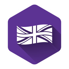 White Flag of Great Britain icon isolated with long shadow. UK flag sign. Official United Kingdom flag sign. British symbol. Purple hexagon button. Vector Illustration