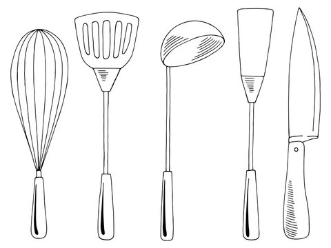 Kitchen supplies set graphic black white isolated sketch illustration vector