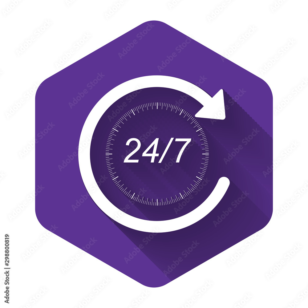 Poster white open 24 hours a day and 7 days a week icon isolated with long shadow. all day cyclic icon. pur