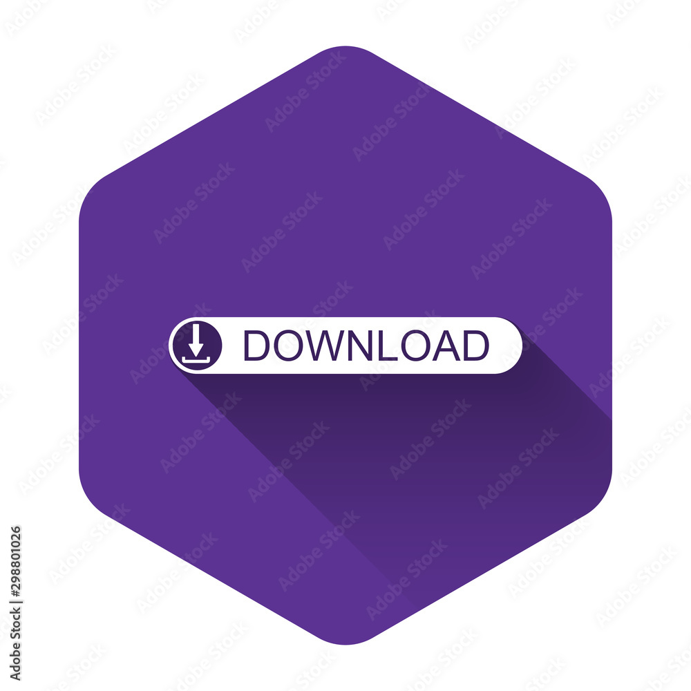 Poster white download button with arrow icon isolated with long shadow. upload button. load symbol. purple 