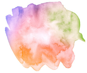 Multicolored watercolor stains in pastel colors with natural stains of paper-based paint. Isolated frame for design. Abstract unique background.