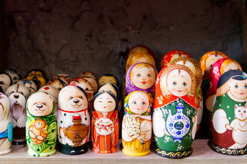 Traditional souvenirs from Russia - colorful nesting dolls, also known as matryoshka, babushka, stacking dolls, or Russian dolls