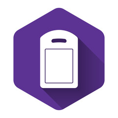 White Cutting board icon isolated with long shadow. Chopping Board symbol. Purple hexagon button. Vector Illustration