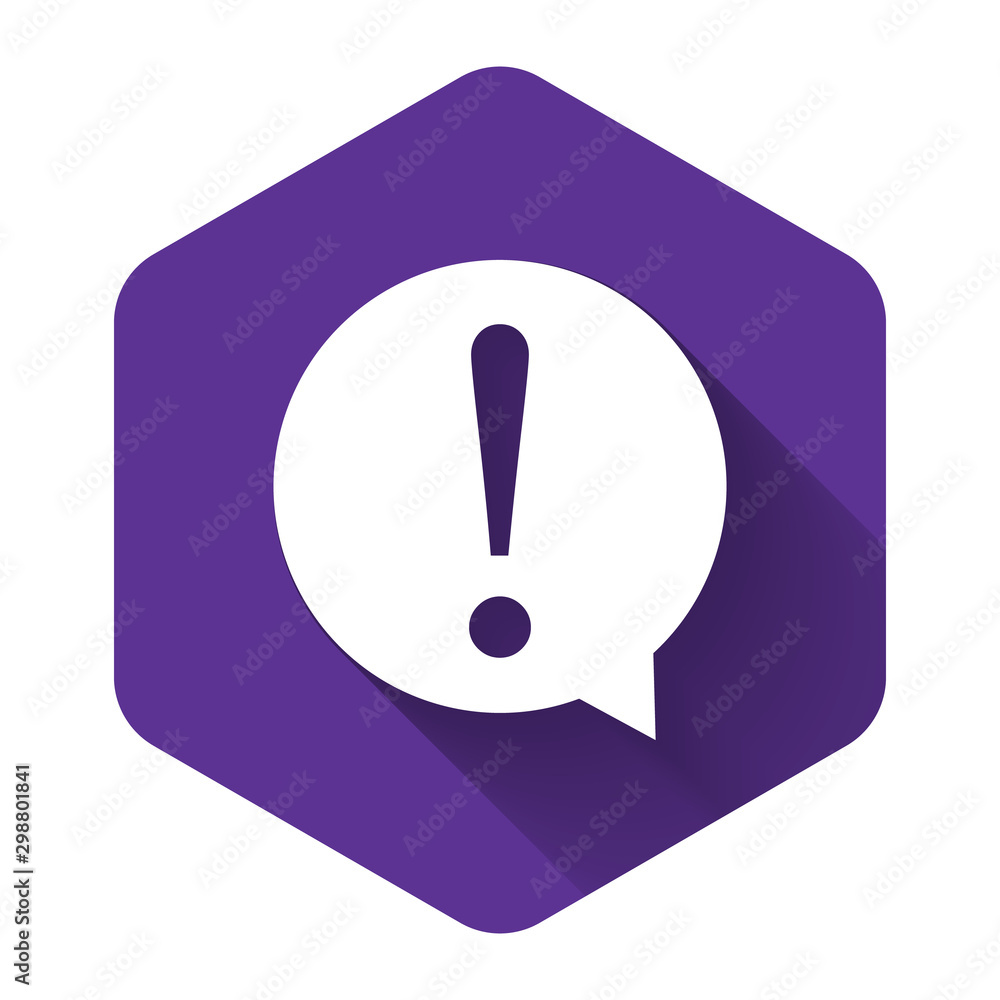 Poster white exclamation mark in circle icon isolated with long shadow. hazard warning symbol. faq sign. co