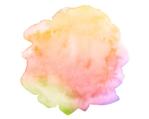 Multicolored watercolor stains in pastel colors with natural stains of paper-based paint. Isolated frame for design. Abstract unique background.
