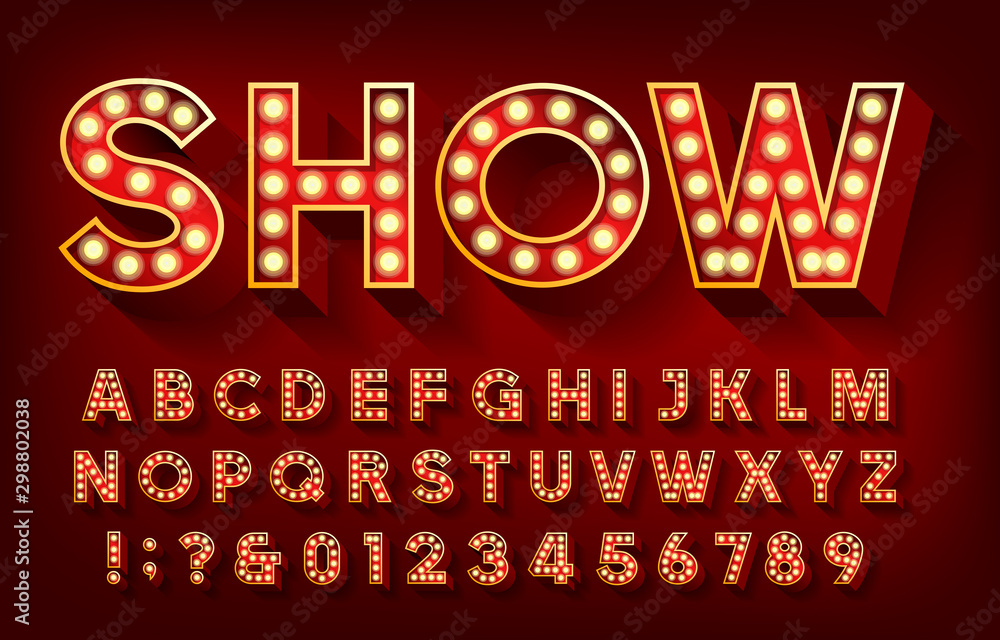 Fototapete show alphabet font. 3d letters and numbers with light bulbs and shadows. vector typescript for your 