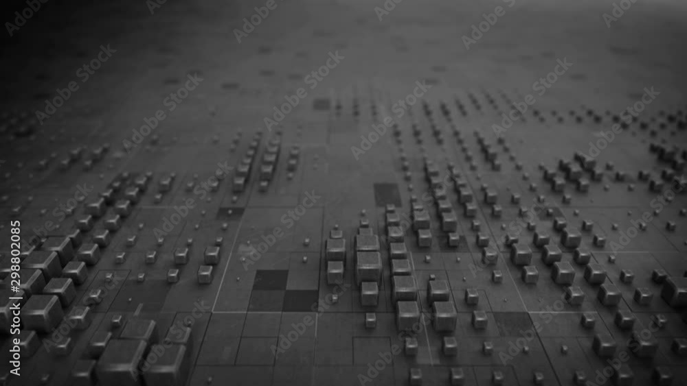 Poster dolly shot of dark grey metallic blocks on plane. abstract futuristic industry concept. seamless loo