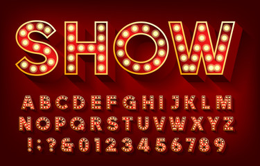 Show alphabet font. 3D letters and numbers with light bulbs and shadows. Vector typescript for your design.