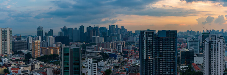 Wide panorama of Singapore Cityscape at dusk