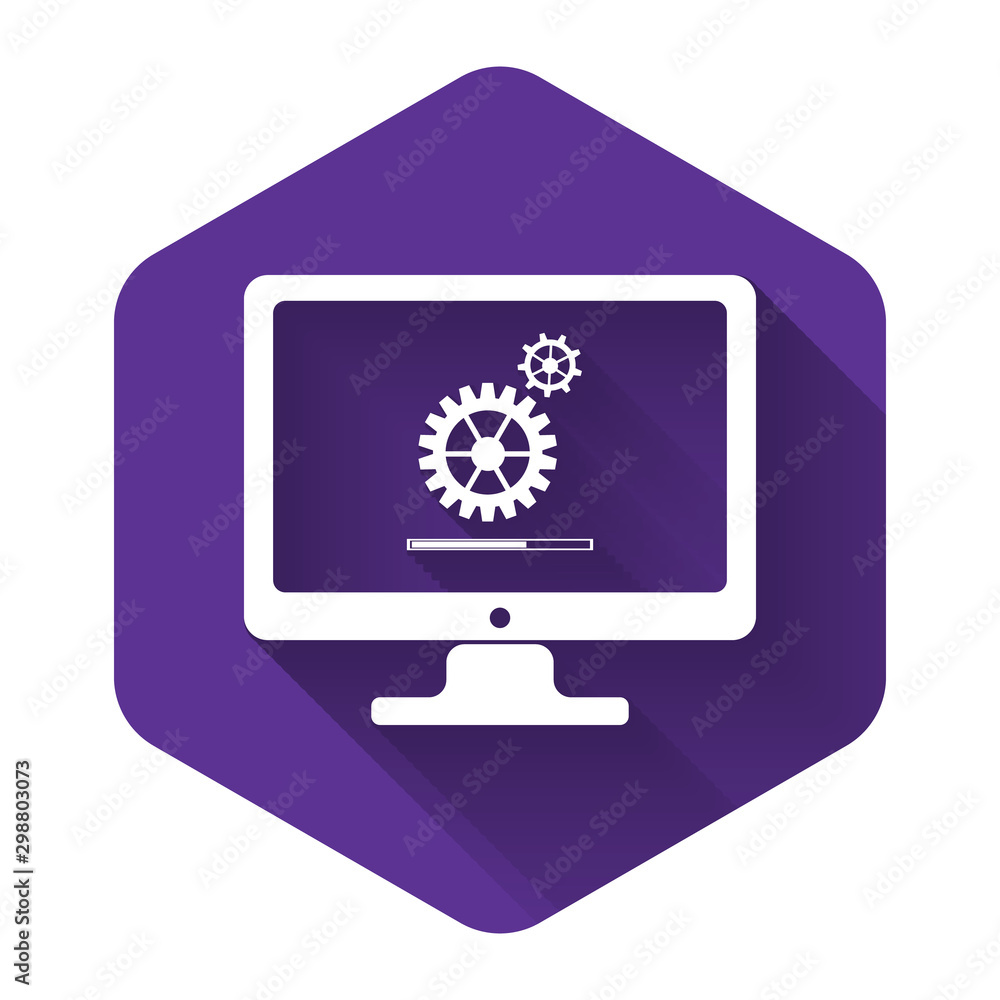 Poster white computer monitor update process with gear progress and loading bar icon with long shadow. syst