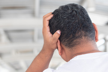 sick asian senior man suffering from headache, dementia, alzheimer, memory loss, gray hair