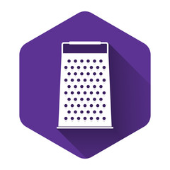 White Grater icon isolated with long shadow. Kitchen symbol. Purple hexagon button. Vector Illustration