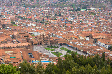 View from the mountain of the Company of Jesus Church and Plaza Mayor in Cusco (Peru)