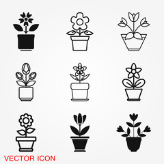 Flowerpot icon, vectorized plants in a pot, flower symbol