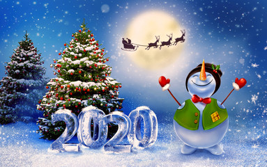 Fototapeta premium Christmas landscape with snowman and Christmas trees. Winter holiday card with Christmas deers and Santa.