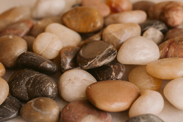 Fototapeta na wymiar Stones and pebbles as background. Multicolor pebbles at the seaside close up view. 