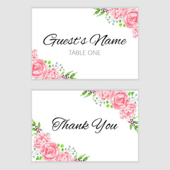Thank you card template with pink watercolor flower frame