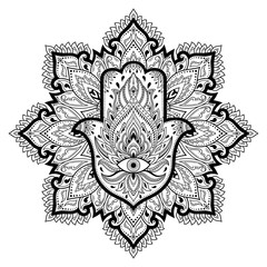 Circular pattern in form of mandala for Henna, Mehndi, tattoo, decoration. Decorative ornament in oriental style with Hamsa hand drawn symbol. Coloring book page.