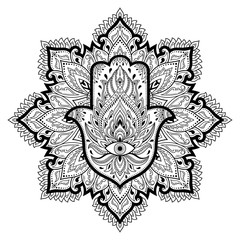 Circular pattern in form of mandala for Henna, Mehndi, tattoo, decoration. Decorative ornament in oriental style with Hamsa hand drawn symbol. Coloring book page.