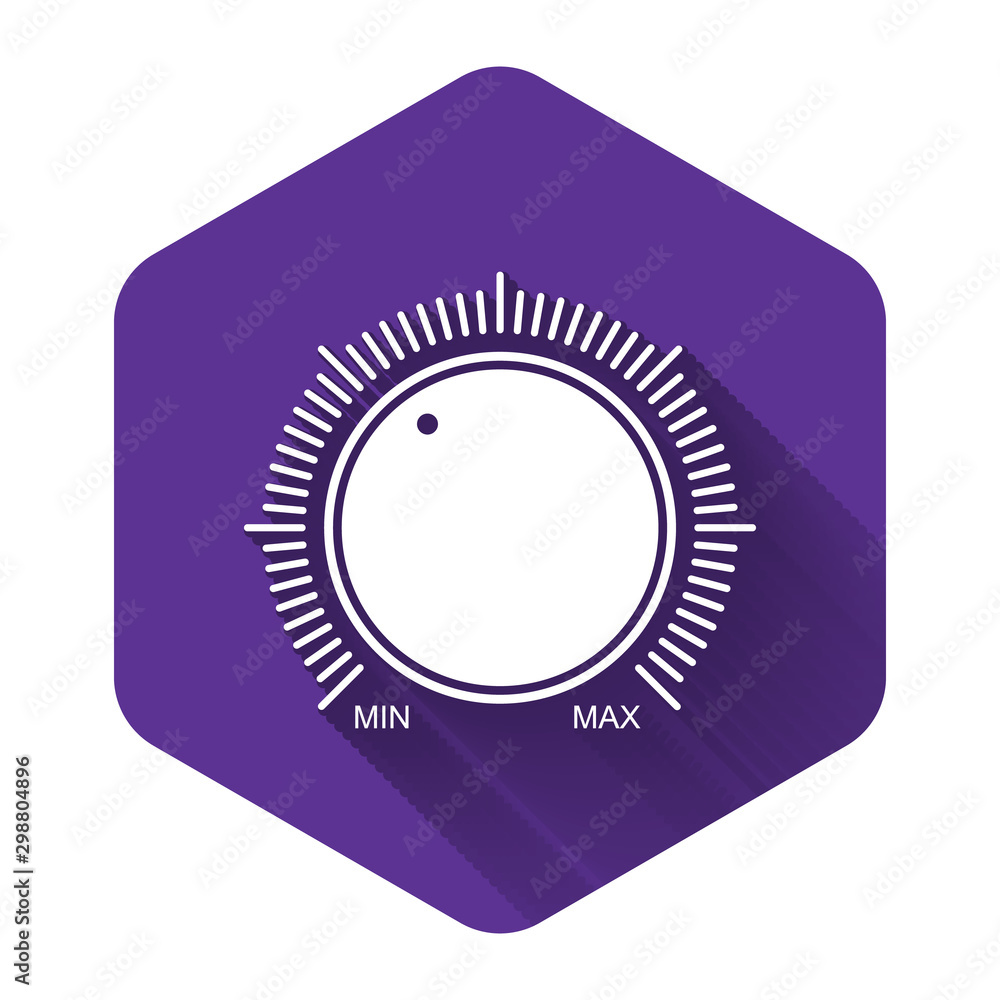 Poster white dial knob level technology settings icon isolated with long shadow. volume button, sound contr