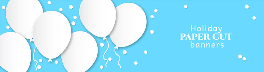 Horizontal banner for congratulations. White flying balls on a blue background. Design in the style of paper cut, art for birthday, wedding.