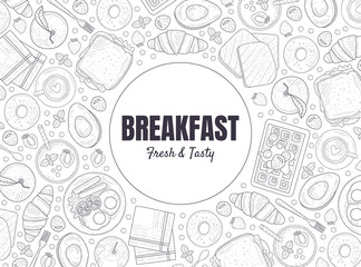 Fresh and Tasty Breakfast Banner Template, Morning Food Menu Vintage Hand Drawn Vector Illustration