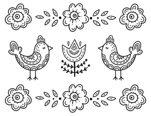Funny cartoon children's coloring. Two birds with their eyes closed surrounded by flowers. Scandinavian style children's drawing. Folk art.
