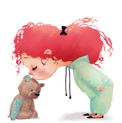 baby girl with red curled hairs kiss her teddy bear