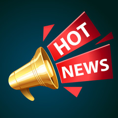 Golden loudspeaker (megaphone, bullhorn) and text “Hot News”.