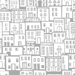 Hand drawn cute  houses.  Vector  seamless pattern.