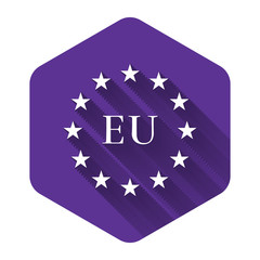 White Flag of European Union icon isolated with long shadow. EU circle symbol. Waving EU flag. Purple hexagon button. Vector Illustration