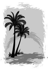 Exotic Landscape, Tropical Palms Trees Black Silhouettes on Grey Background. Vector