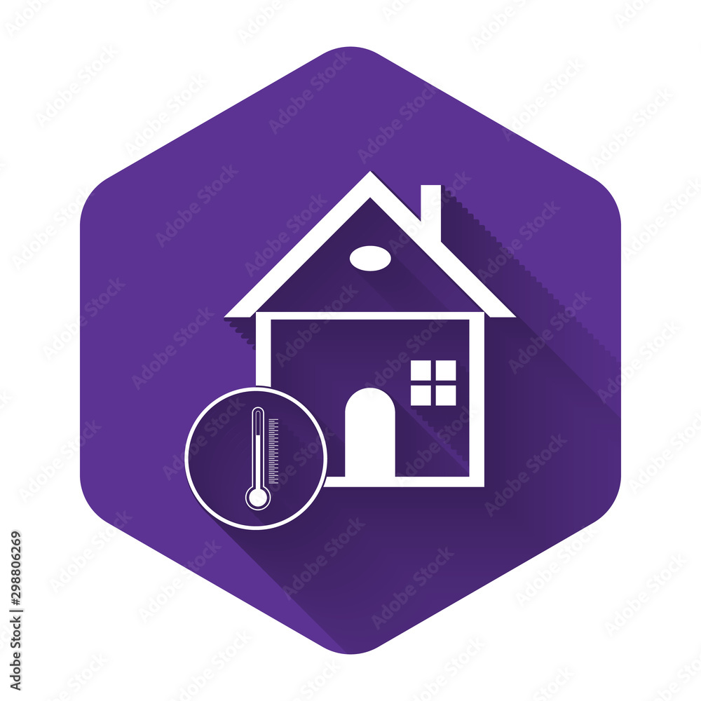 Poster white house temperature icon isolated with long shadow. thermometer icon. purple hexagon button. vec