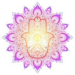 Color Circular pattern in form of mandala with ancient hand drawn symbol Hamsa for decoration. Decorative ornament in oriental style. Rainbow design on white background. 