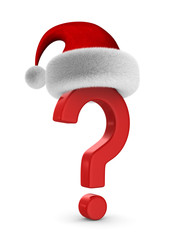 question mark and santa claus hat on white background. Isolated 3D illustration
