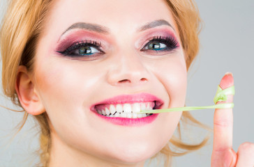 Closeup face, smile. Woman makeup, bubblegum, gum.Bubble chewing girl, bubble gum portrait. Fun female and happy. Makeup beauty and eye make up