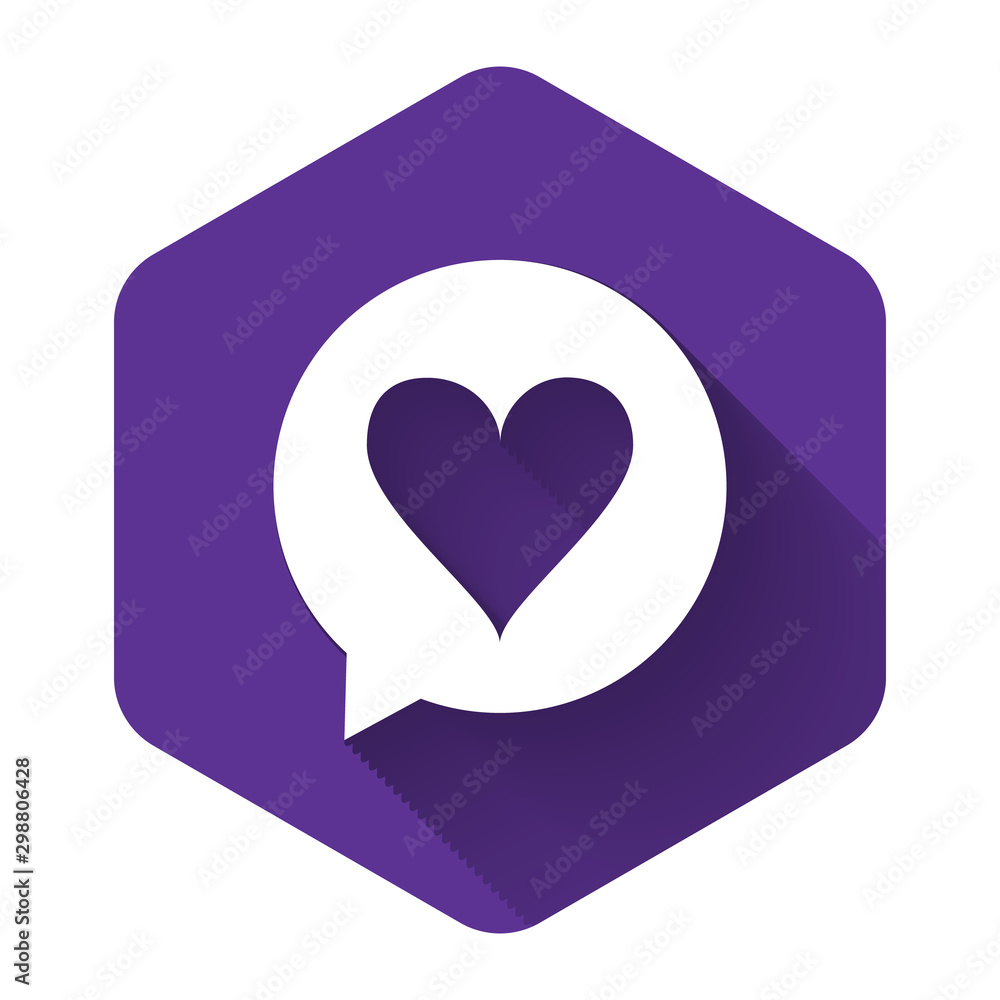 Poster white heart in speech bubble icon isolated with long shadow. heart shape in message bubble. love sig
