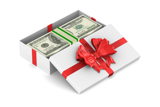 open white gift box with money on white background. Isolated 3D illustration