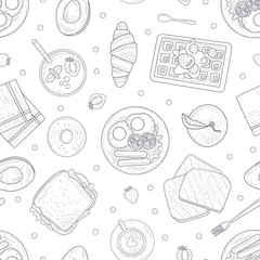 Breakfast Menu Hand Drawn Seamless Pattern with Morning Food Dishes, Can Be Used Fabric Wrapping Paper, Website Wallpapers, Background Vector Illustration
