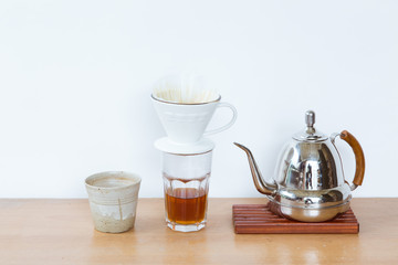 Collection coffee drip set on the wood table.