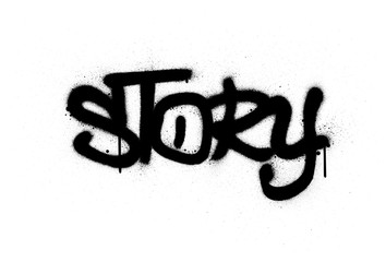 graffiti story word sprayed in black over white